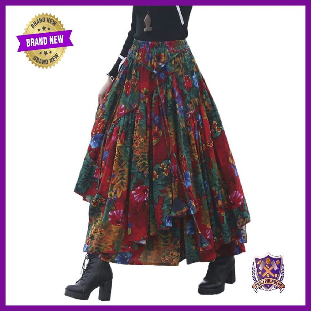 Elastic Waist A-Line Maxi Skirt Cotton Lined Pleated Retro Style